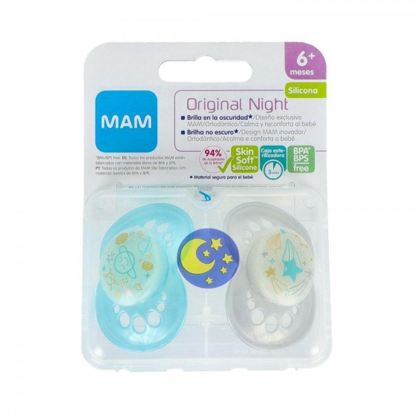 CHUPETE MAM ORIGINAL NIGHT SILI FISIO +6 M 2 UN AZUL NOCHE